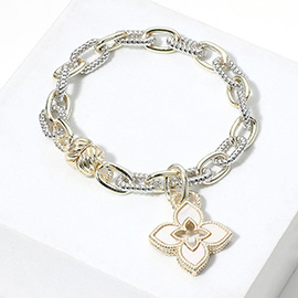 14K Gold Plated Two Tone Mother of Pearl Clover Charm Magnetic Bracelet