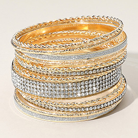 12PCS - Rhinestone Paved Glittered Twisted Textured Metal Bangle Stackable Multi Layered Bracelets