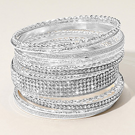 12PCS - Rhinestone Paved Glittered Twisted Textured Metal Bangle Stackable Multi Layered Bracelets