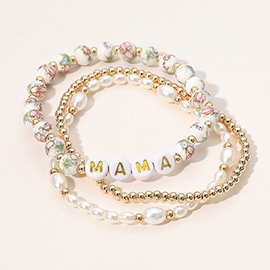 3PCS - MAMA Message Floral Ceramic Metal Ball Pearl Beaded Stretch Multi Layered Bracelets