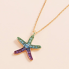 Stone Paved Colored Metal Starfish Pendant Necklace