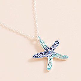 Stone Paved Colored Metal Starfish Pendant Necklace