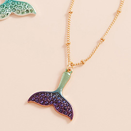 Stone Paved Colored Metal Whale Tale Pendant Necklace