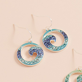 Stone Paved Colored Metal Wave Dangle Earrings