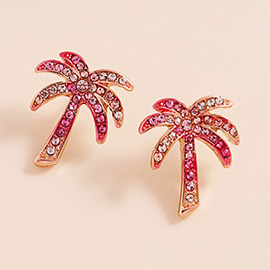 Stone Paved Colored Metal Palm Tree Stud Earrings