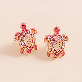 Stone Paved Colored Metal Sea Turtle Stud Earrings