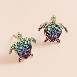 Stone Paved Colored Metal Sea Turtle Stud Earrings