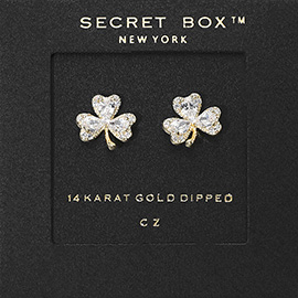 SECRET BOX_14K Gold Dipped CZ Clover Stud Earrings