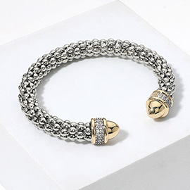 Two Tone CZ Stone Paved Tip Textured Cuff Bracelet