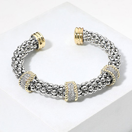 Two Tone Triple CZ Stone Paved Ring Accented Textured Cuff Bracelet