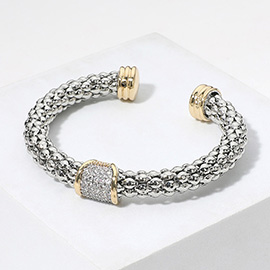 Two Tone CZ Stone Paved Plate Accented Textured Cuff Bracelet