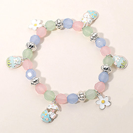 Enamel Easter Egg Flower Bunny Charm Faceted Beaded Stretch Bracelet