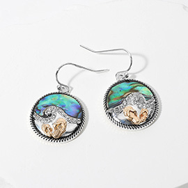 Two Tone Flip Flop Abalone Stone Paved Wave Round Dangle Earrings