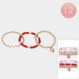 12 SET OF 3 - Heart Charm Stretch Bracelets