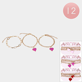 12 SET OF 3 - Enamel Heart Charm Chain Bracelets