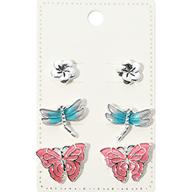 3Pairs - Metal Flower Enamel Dragonfly Butterfly Stud Earring Set