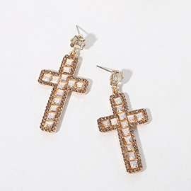 Square Glass Stone Cross Dangle Earrings