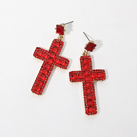 Square Glass Stone Cross Dangle Earrings