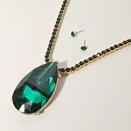 Oversized Teardrop Glass Stone Pendant Bling Studded Chunky Chain Necklace