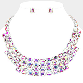 Emerald Cut Glass Stone Cluster Layered Collar Evening Necklace