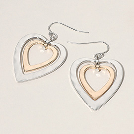 Hammered Metal Double Open Heart Layered Dangle Earrings