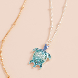 Stone Paved Colored Metal Sea Turtle Pendant Necklace