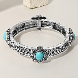 Western Oval Turquoise Stone Pointed Antique Metal Stretch Bracelet