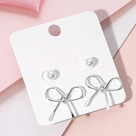 2Pairs - Pearl Metal Wire Knot Bow Stud Earring Set