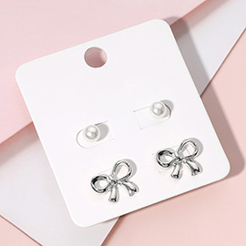 2Pairs - Pearl Metal Bow Stud Earring Set