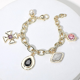 14K Gold Plated CZ Stone Cluster Pearl Charm Station Bracelet