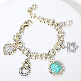 14K Gold Plated CZ Stone Paved Heart Jewish Star Pearl Western Turquoise Stone Cluster Charm Station Bracelet