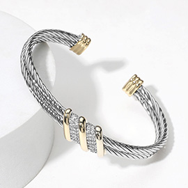 Two Tone CZ Stone Paved Rope Cuff Bracelet