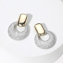 14K Gold Plated Two Tone CZ Stone Paved Door Knocker Earrings