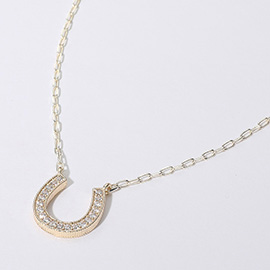 14K Gold Plated CZ Stone Paved Horseshoe Band Pendant Necklace