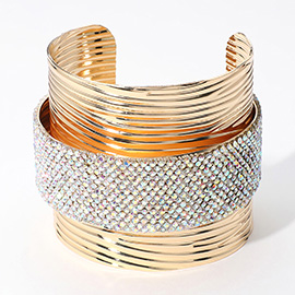 Stone Paved Center Textured Metal Wide Cuff Bracelet