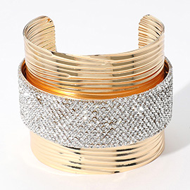 Stone Paved Center Textured Metal Wide Cuff Bracelet