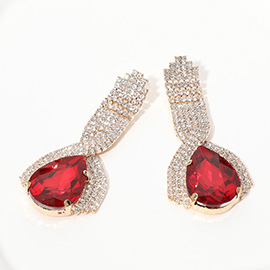 Teardrop Glass Stone Pointed Rhinestone Paved Evening Earrings