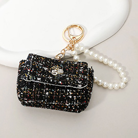 Tweed Bag Pearl Chain Mini Purse / Bag Charm