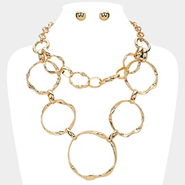 Hammered Metal O Ring Link Double Layered Statement Necklace