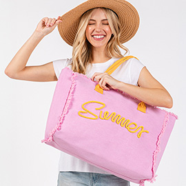 SUMMER Message Embroidered Fringe Canvas Tote Bag / Beach Bag