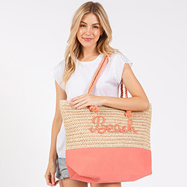 BEACH Message Embroidered Rope Handle Crochet Fabric Tote Bag / Beach Bag