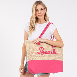 BEACH Message Embroidered Rope Handle Crochet Fabric Tote Bag / Beach Bag