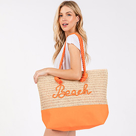 BEACH Message Embroidered Rope Handle Crochet Fabric Tote Bag / Beach Bag