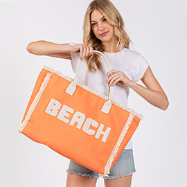 BEACH Message Embroidered Fringe Tote Bag / Beach Bag