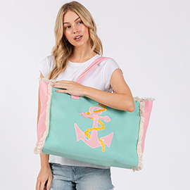 Anchor Patch Embroidered Fringe Tote Bag / Beach Bag