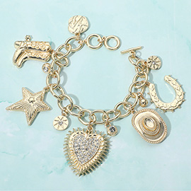 Western Heart Cowboy Boot Hat Star Horseshoe Charm Station Toggle Bracelet