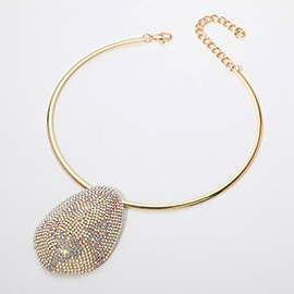 Rhinestone Paved Abstract Oval Pendant Statement Necklace