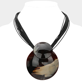 Celluloid Acetate Round Plate Multi Faux Leather Cord Statement Necklace