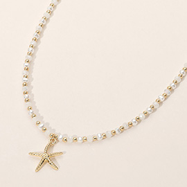 Metal Starfish Pendant Faceted Beaded Choker Necklace