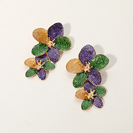 Glittered Enamel Mardi Gras Double Flower Dangle Earrings